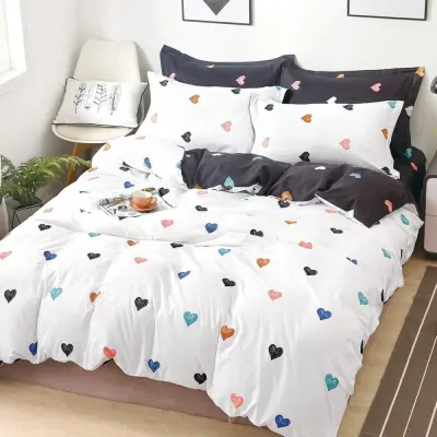 Lenjerie pat dublu, bumbac satinat, cearsaf clasic, 4 piese, Alb, inimioare colorate