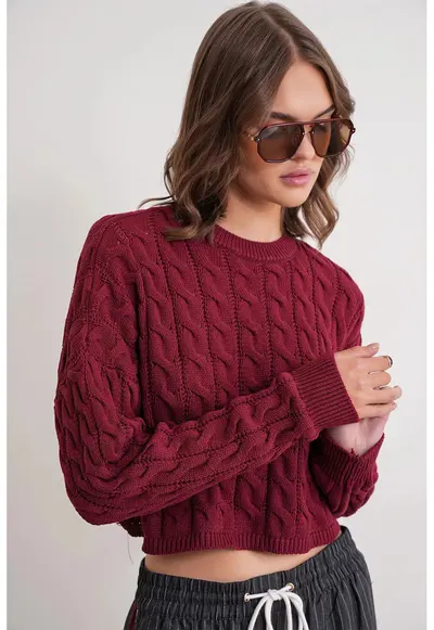 Pulover dama - Guler rotund - Visiniu - Tricot