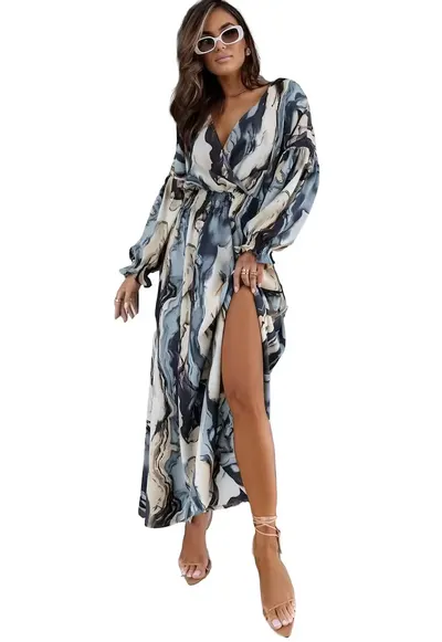 Rochie Maxi - abstracta cu slit si decolteu in V - poliester-bumbac-lycra
