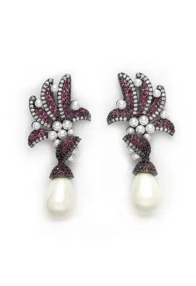 Cercei drop cu zirconia - Alb/Violet/Argintiu inchis