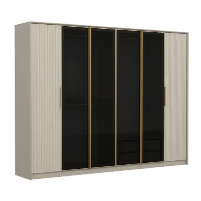Dulap LUXE, 6 usi, alb + auriu + geam fumuriu, 274x52x210 cm