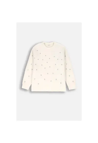 Pulover tricotat cu inimioare brodate - Ecru