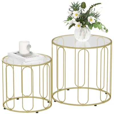 HOMCOM Set de 2 mese de cafea gigogne rotunde moderne cu cadru din metal și blat din sticlă securizată, ton auriu | Aosom Romania
