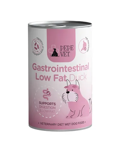 PAKA ZWIERZAKA PEPE Vet Gastrointestinal Low Fat Duck 400 g hrană umedă pentru câini, destinată susținerii sistemului digestiv