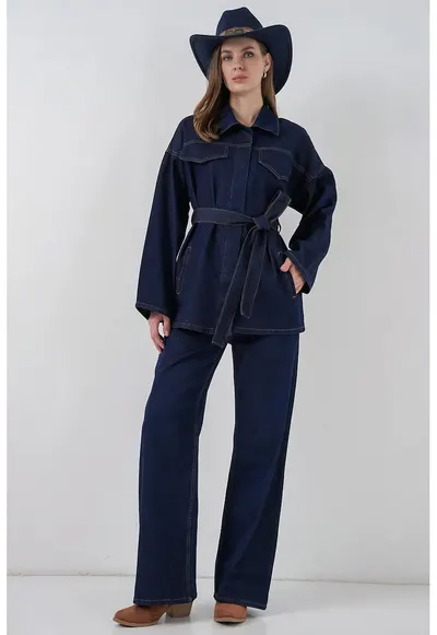 Set compleu dama BDART - Jacheta cu buzunare - Pantaloni drepti - Albastru Marin - Bumbac