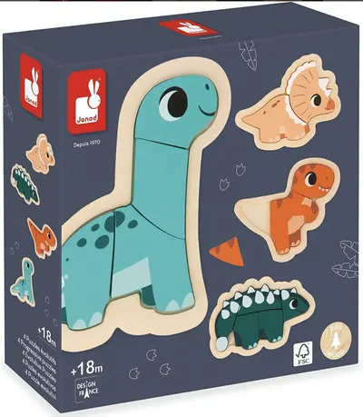 Puzzle-uri din lemn Janod - Dinozauri, 4 bucăți