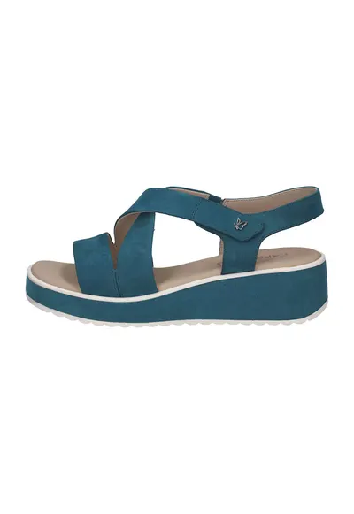 Sandale wedge de piele cu velcro - Albastru petrol
