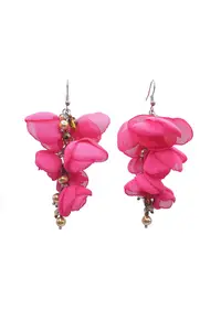 Cercei lungi statement - Zia Fashion - flori din voal - perle Mallorca si inox - handmade - Auriu/Roz aprins