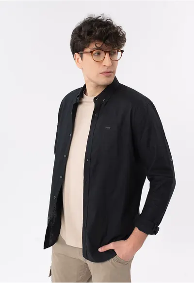 Camasa barbati din in si viscoza - maneci lungi - buzunar pe piept - Regular Fit - uni - K-Vinces - negru - Negru