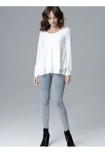 Bluza dama bej - maneci lungi - decolteu semicircular - volan - Bej