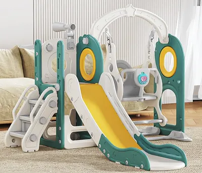Spatiu de joaca pentru copii Nichiduta Garden Nickron 2 greenwhite, Leagan muzical cu masuta, tobogan, treptele de acces, balustrade laterale de sustinere, 150 x 170 x 110 cm