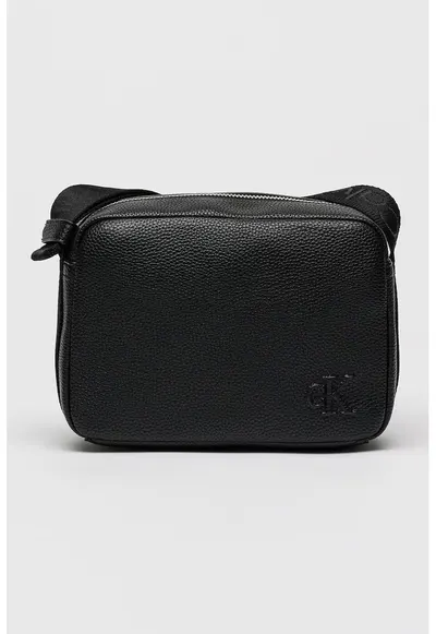 Geanta crossbody de piele ecologica cu logo in relief - Negru