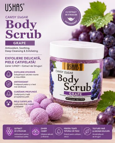 Scrub de Corp cu Struguri Ushas Candy Sugar – Exfoliant cu Extract de Struguri, Curățare Profundă