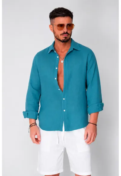 Camasa din 100% In de plaja Turquoise Petrol 22191 - Turcoaz