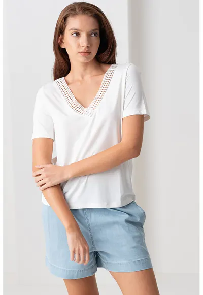 Tricou cu insertie crosetata Savannah - Alb murdar