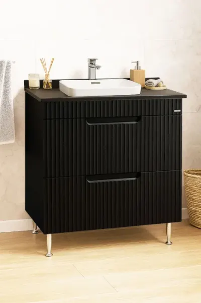 Set Baza front MDF si Lavoar seria 633, cu sertare, montat, 80 cm, negru