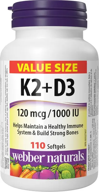 Vitamin K2 + D3, 120 mcg/25 mcg, 110 capsule gelatinoase moi, Webber Naturals
