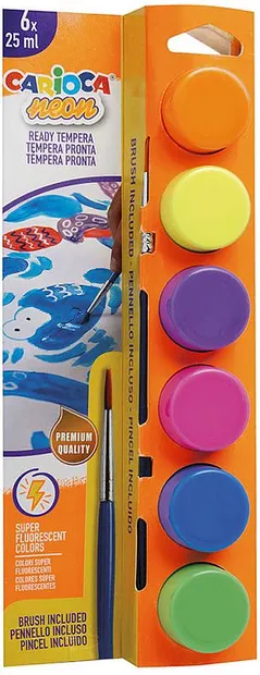 Set de culori tempera Carioca Neon - Cu pensulă, 6 culori x 25 ml