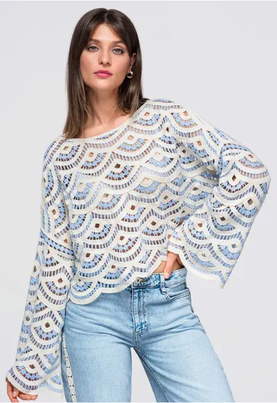 Bluza dama scurta cu decolteu larg si maneci lungi - model asezat OW-TS-E0049 - Albastru