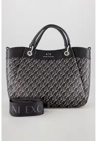 Geanta shopper din piele ecologica cu imprimeu logo - Negru/Verde pal
