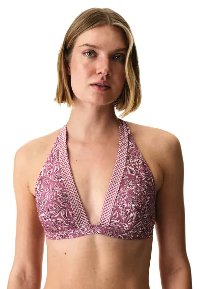 Sutien triunghiular de baie cu model - Alb/Roz inchis
