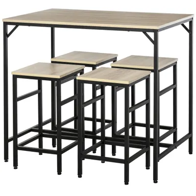 Set Masă Înaltă cu 4 Scaune HOMCOM în Stil Industrial, Metal și Lemn, Stejar Deschis, Perfect pentru Dining | Aosom România