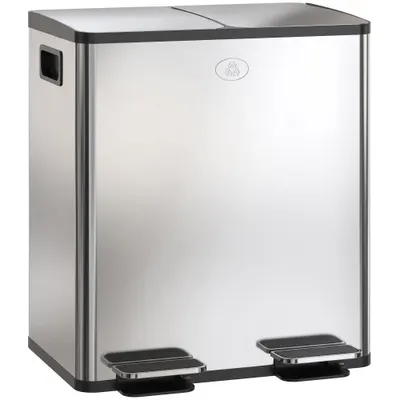 HOMCOM Coș de Gunoi cu 2 Compartimente de 20L cu Pedală, Coș de Gunoi cu 2 Capace Silențioase, 45,8x36x51,6 cm, Argintiu | Aosom Romania