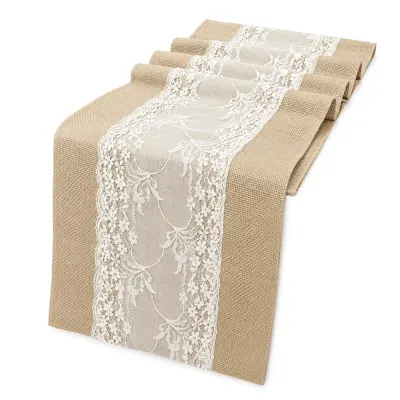 Runner masă din in cu dantelă - beige