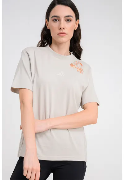 Tricou de bumbac cu broderii florale si monograma - Grej