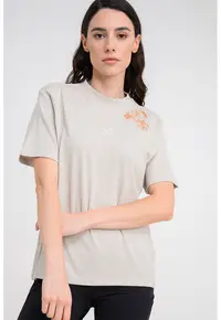 Tricou de bumbac cu broderii florale si monograma - Grej