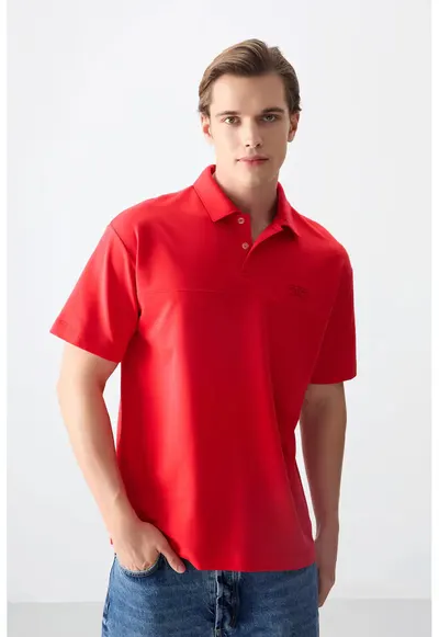 Tricou supradimensionat cu guler polo - rosu - pentru femei