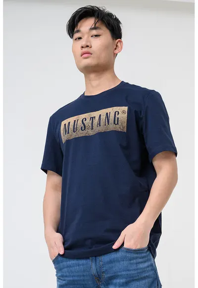 Tricou cu decolteu la baza gatului si imprimeu logo Austin - Albastru paun
