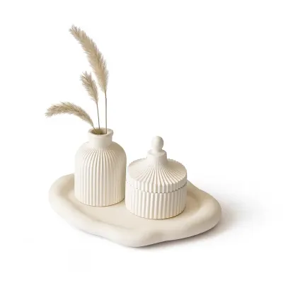 Set tavă nor, vază și cutie pentru bijuterii din ceramică jesmonite – în cutie cadou - Marmorată bej