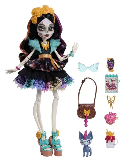 Păpuşă Monster High - Skelita Calaveras, cu un animal de companie, 28 cm
