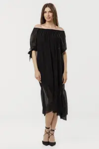 Rochie din matase si vascoza cu detalii feminine si croiala lejera, neagra