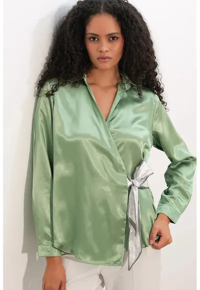 Camasa - regular fit - detalii cu snur - verde salvie - poliester