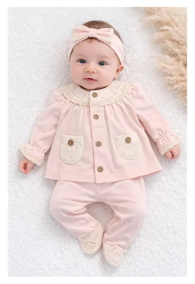 Set bebe fete roz pudra 3 piese elegant bluza dantela pantaloni bentita - 0-3 luni - Bumbac - Roz