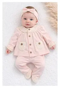 Set bebe fete roz pudra 3 piese elegant bluza dantela pantaloni bentita - 0-3 luni - Bumbac - Roz
