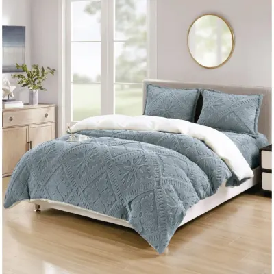 Lenjerie de Pat Dublu, CoCoLiNo Ultra Pufoasa, cu Blanita Sherpa Alba, 4 piese, Cearsaf cu ELASTIC, Model Traditional 3D, Gri albastrui