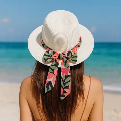 Pălărie de plajă damă Tiara albă cu eșarfă florală, din hârtie de paie, bor mediu 33 cm, elegantă și ușoară