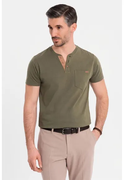 Tricou din bumbac cu fenta cu nasturi - Verde inchis