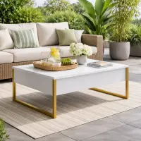 Masuta cafea alba premium cu picioare aurii metalice 90x60 cm design elegant