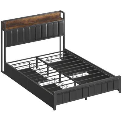 HOMCOM Cadru de pat 140 x 190 cm cu somieră cu lamele metalice, pat dublu căptușit cu 4 sertare și poliță, negru | Aosom Romania
