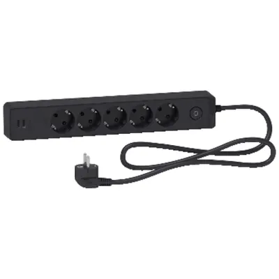 Prelungitor Unica 2P+E, 5 premii + 2 USB + intrerupator 1.5m, antracit