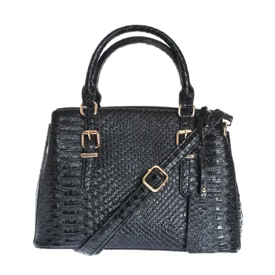 Geanta neagra cu manere fixe si aspect piele de sarpe