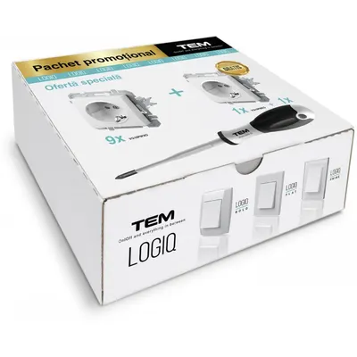 Pachet promotional Logiq Flat priza simpla 9+1 cu surubelnita cadou TEM-VQ10PWXORO-A