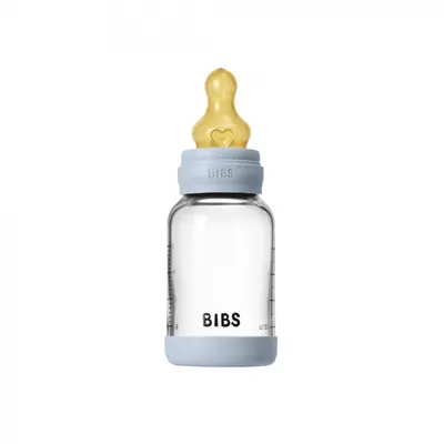 Set complet biberon din sticla anticolici cu tetina din latex, flux lent, 120 ml, Baby Blue