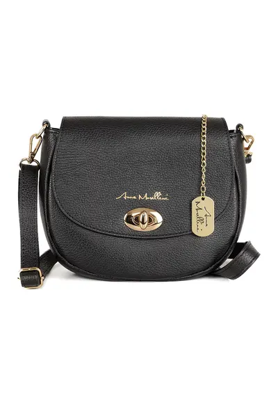 Geanta crossbody din piele cu clapa - Negru