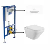 Set vas wc rimless suspendat, dreptunghiular, Foglia Bristol cu rezervor incastrat si clapeta de actionare dual-flush, alba cu 2 butoane, ViConnect, Villeroy Boch