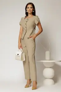 Compleu DY Fashion bej format din sacou cu nasturi si pantaloni